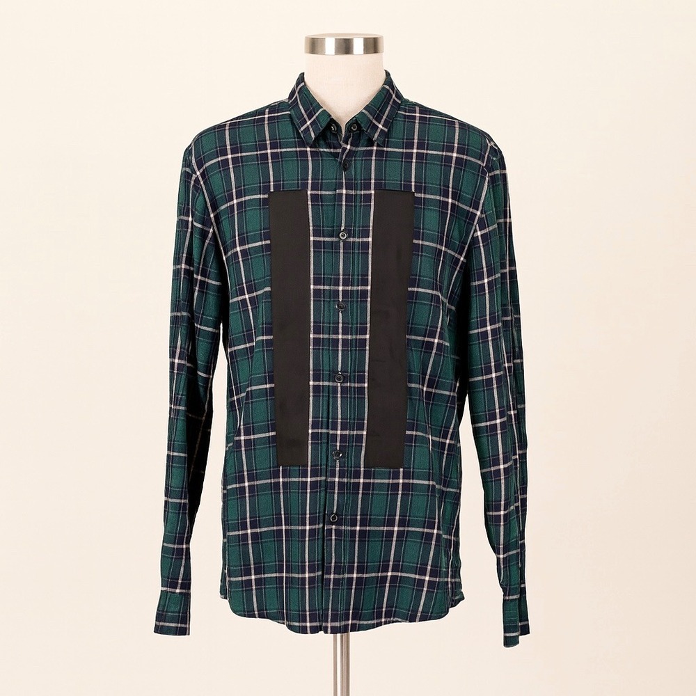 7 Diamonds‎ Mens Plaid Long Sleeve Button Down Shirt Black Green Large